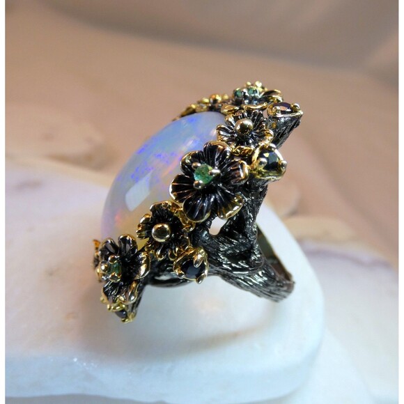 HUGE 26CT Ethiopian Welo Opal Emeralds- Blue Sapphires Sterling Silver Ring - Picture 5 of 11